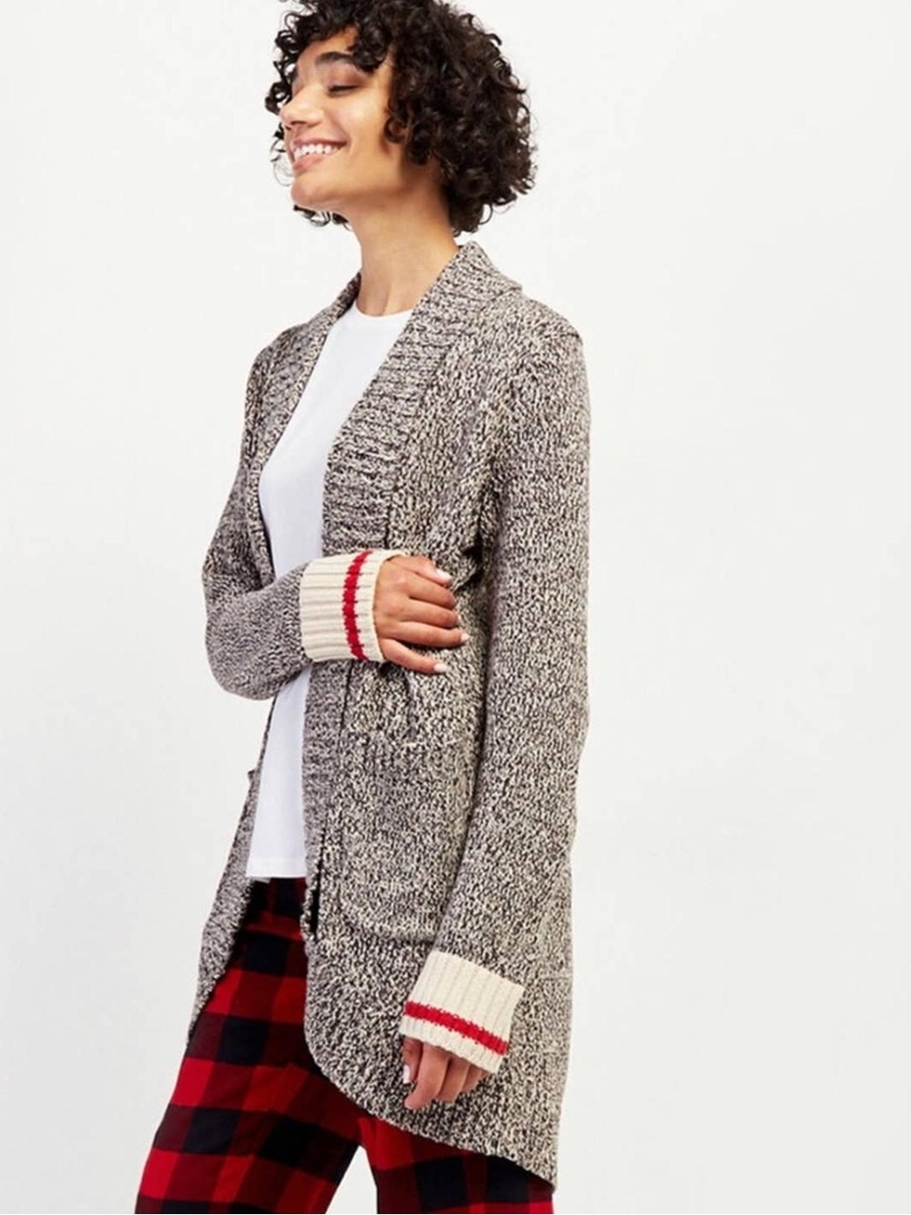 Roots Marled Gray Open-Front Cardigan with Cream & Red Cuff Stripes